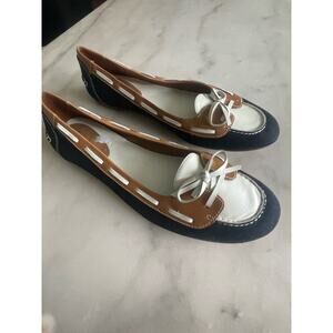 New Cole Haan NikeAir‎ white tan leather & blue canvas slip on loafers flats